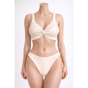 Womens Swimsuit Twist Front Bikini Set Womens Medium Beige Stretch Ribbed Knit